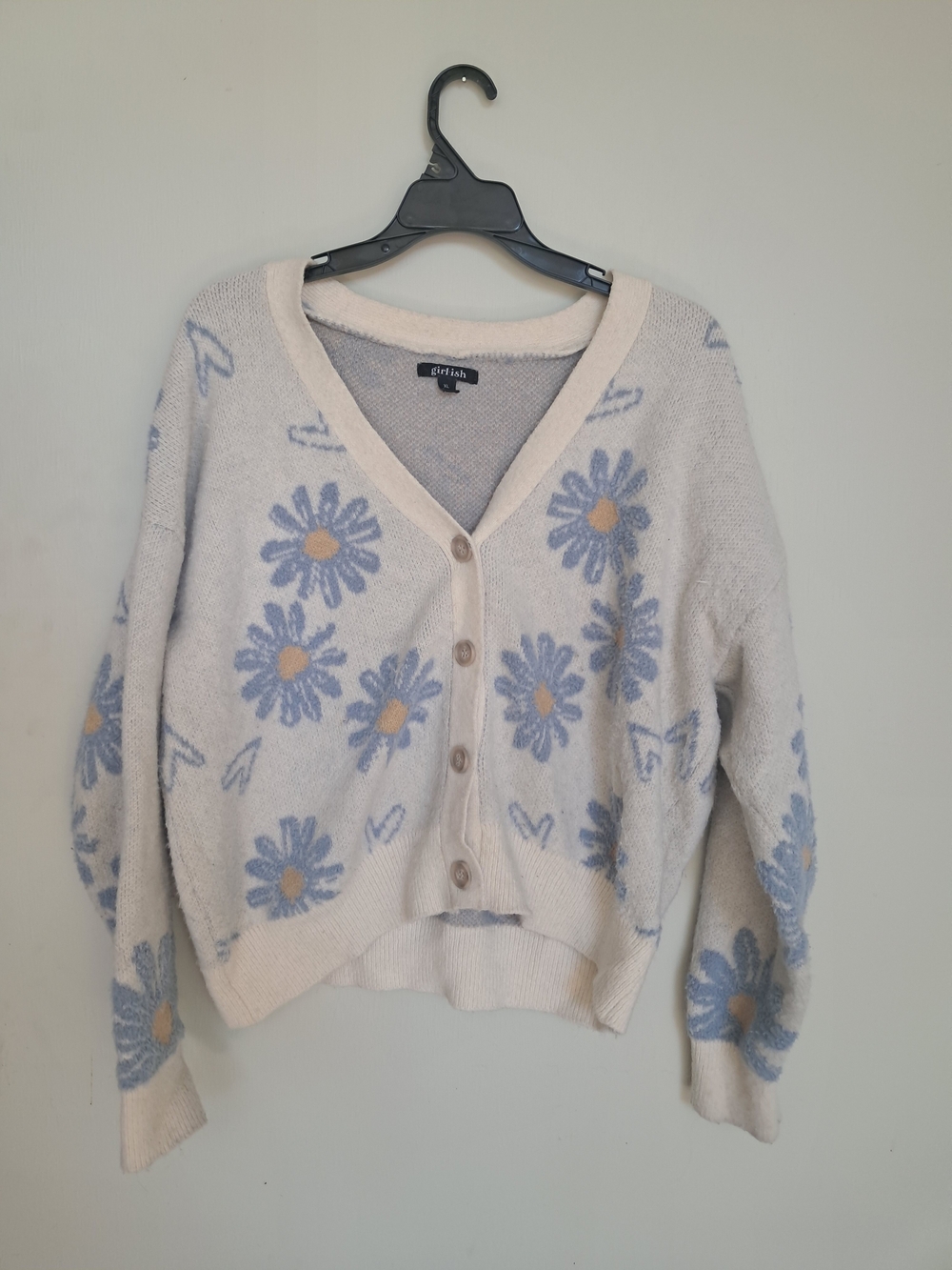 Girlish Cream Floral V-Neck Button Cardigan